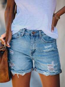 Women's Ripped Denim Stylish Ripped Design Slim Fit Random Buttons Mid Rise Jean Shorts Summer - Sky Blue - View 1