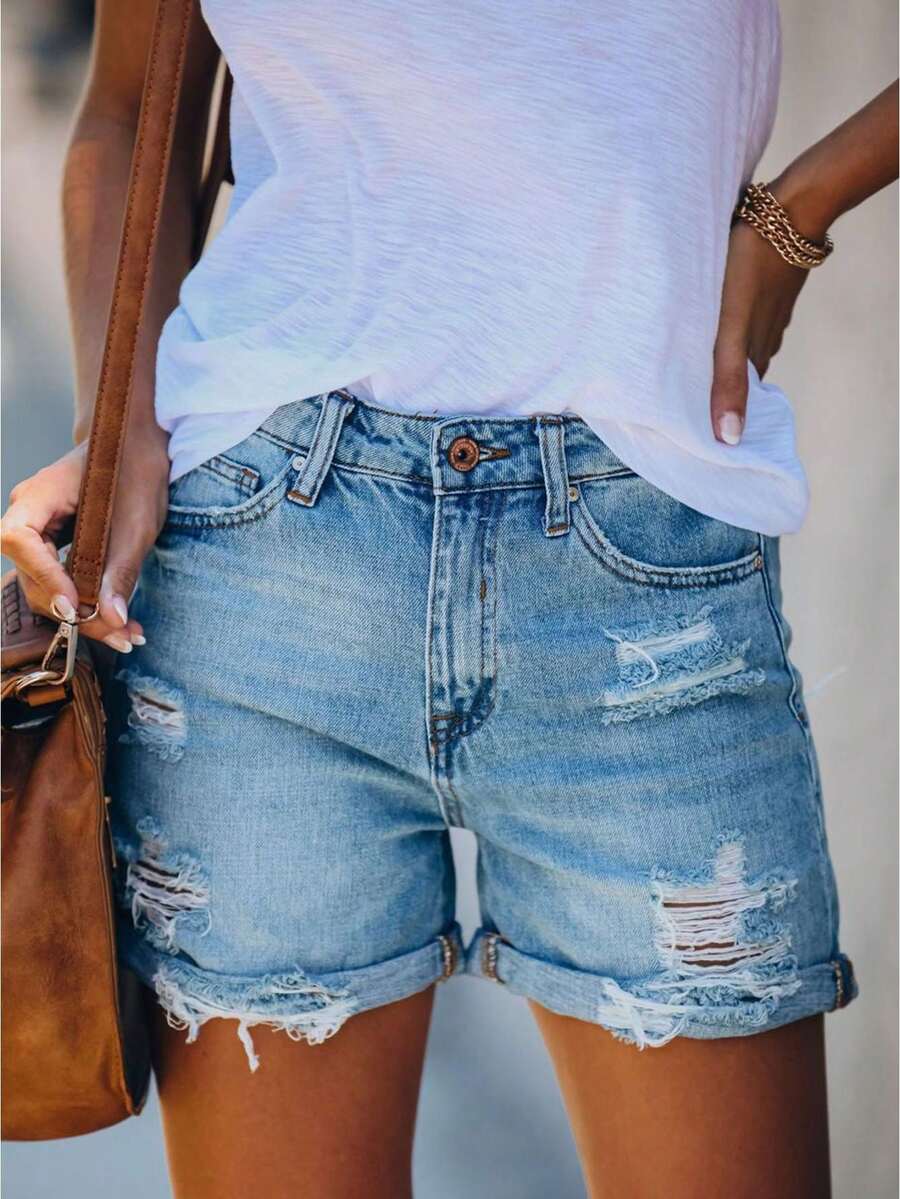 Women's Ripped Denim Stylish Ripped Design Slim Fit Random Buttons Mid Rise Jean Shorts Summer - Sky Blue - View 1