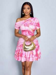 Vestido corto de leopardo con hombro al descubierto, cintura ajustada y falda con volantes, elegante y sexy para playa, viajes y uso diario - Rosa - Ver 6