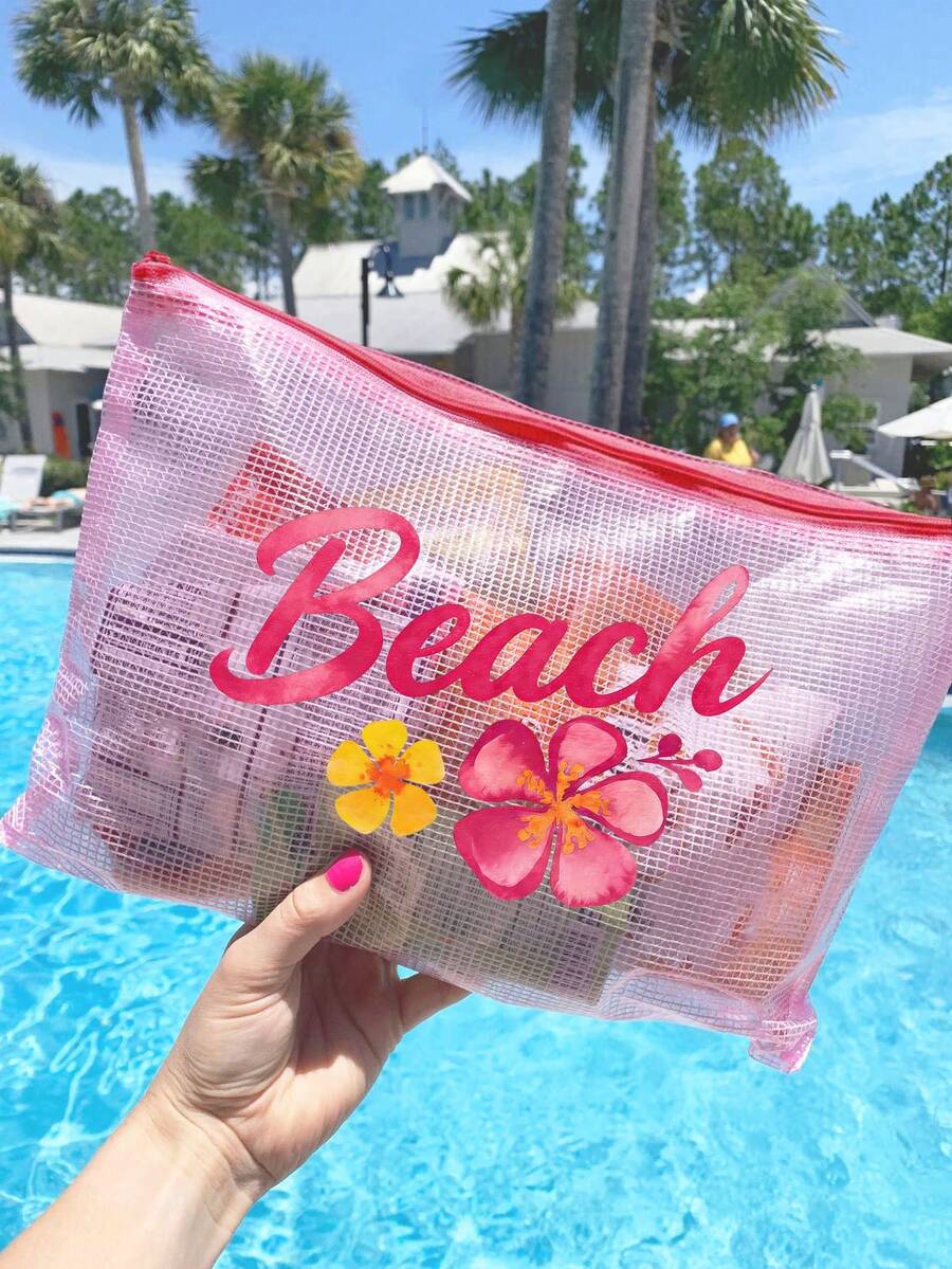 A4 Size Fashionable Waterproof PVC Beach Bag With "Beach" Letter Pattern, Transparent Cosmetic Bag, Toiletry Bag, Nylon Zipper - Suitable For Swimming, Diving, Summer Vacation, Lightweight, Beach Essential, Travel/Back To School Essential, Vacation Companion