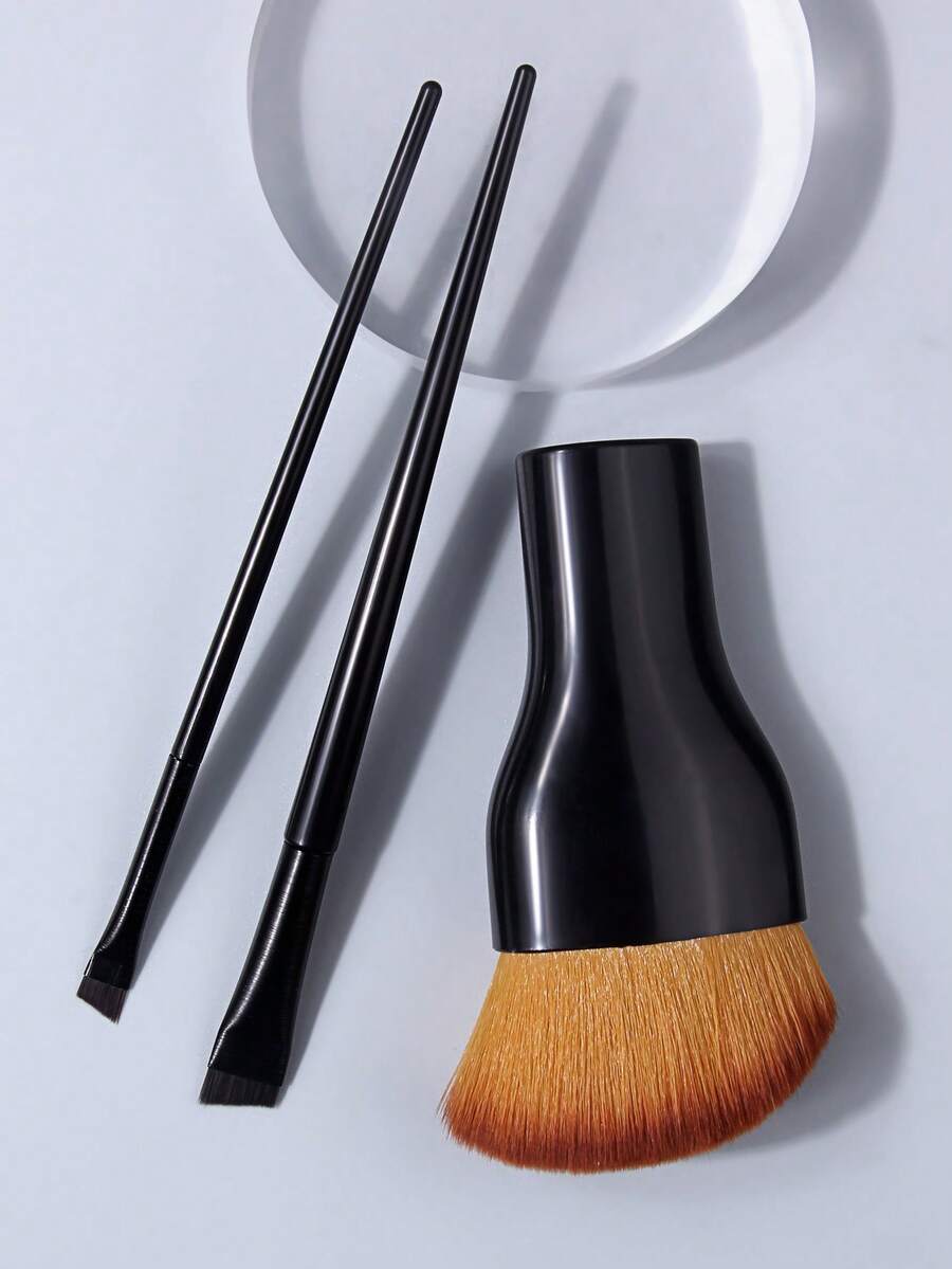 3pcs Multi-Function Makeup Brush Set, Large Angled Blush Brush + Large & Small Blade Eyebrow Brushes, Soft Bristles, Non-Powder-Absorbing, Contouring, Powder, Fine Wild Eyebrow & Eyeliner Brushes, Portable Makeup Tools For Beginners