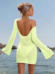 Women's Minimalist Sexy Sheer Lightweight Beach Vacation Bell Sleeve Backless Solid Color Fitted Cover-Up Mini Dress, Spring/Summer - Light Green - View 5