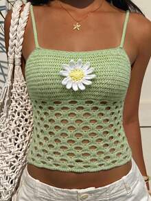 Women's Y2K Style "Sweet And Spicy" Crochet Knit Cropped Camisole Top, With 3D Floral Applique Decor On Bust For Added Sweetness. Open-Knit Mesh Design Is Breathable And Fashionable, Suitable For Beach Vacation, Music Festivals Or Casual Daily Wear - Green - View 3