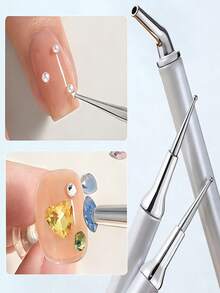 Sliver Double-Headed Nail Art Dotting Pen, Dual-End Design With Fine Tip & Bent Tip, Precision Rhinestone Pick Up Tool For Small Diamonds, Pearls & Nail Art Decorations, Professional Nail Art Tool - Silver - View 2