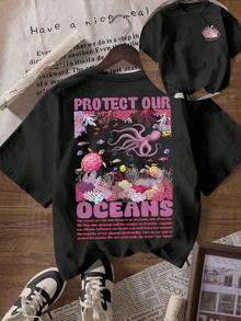 Camiseta de manga corta con cuello redondo para mujer, diseño gráfico "Protege Nuestros Océanos, Tiburón, Sálvate el Océano, Respeta a los Habitantes Locales", color blanco, 100% algodón, para verano. - Negro - Ver 7