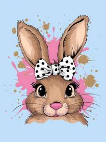 1pc Girls' Cartoon Rabbit Bow Print Round Neck Short Sleeve T-Shirt, Cute Cartoon Theme Loose Summer Style, Soft And Comfortable Top - Baby Blue - View 2