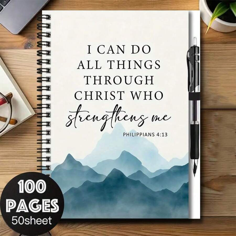 1 Conjunto Caderno Espiral com Bíblico Inspirador e Caneta, Capa Impressa "Posso Fazer Todas as Coisas Através de Cristo Que Me Fortalece - Filipenses 4:13". 100 Páginas Design Prático, Adequado para Trabalho, Estudo, Diário, Formatura, Presente de Aniversário, Bloco de Notas para Registrar Inspiração, Ótima Opção de Presente. - Opção A + 1 caneta - Visão 1