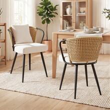 Nalupatio Rattan Dining Chairs Set Of 2, Upholstered Kitchen Chair With Metal Legs, Ergonomic Curved Backrest, Mid Century Modern Living Room Lounge With & Throw Pillow,Brwon - 棕色 - 查看 2