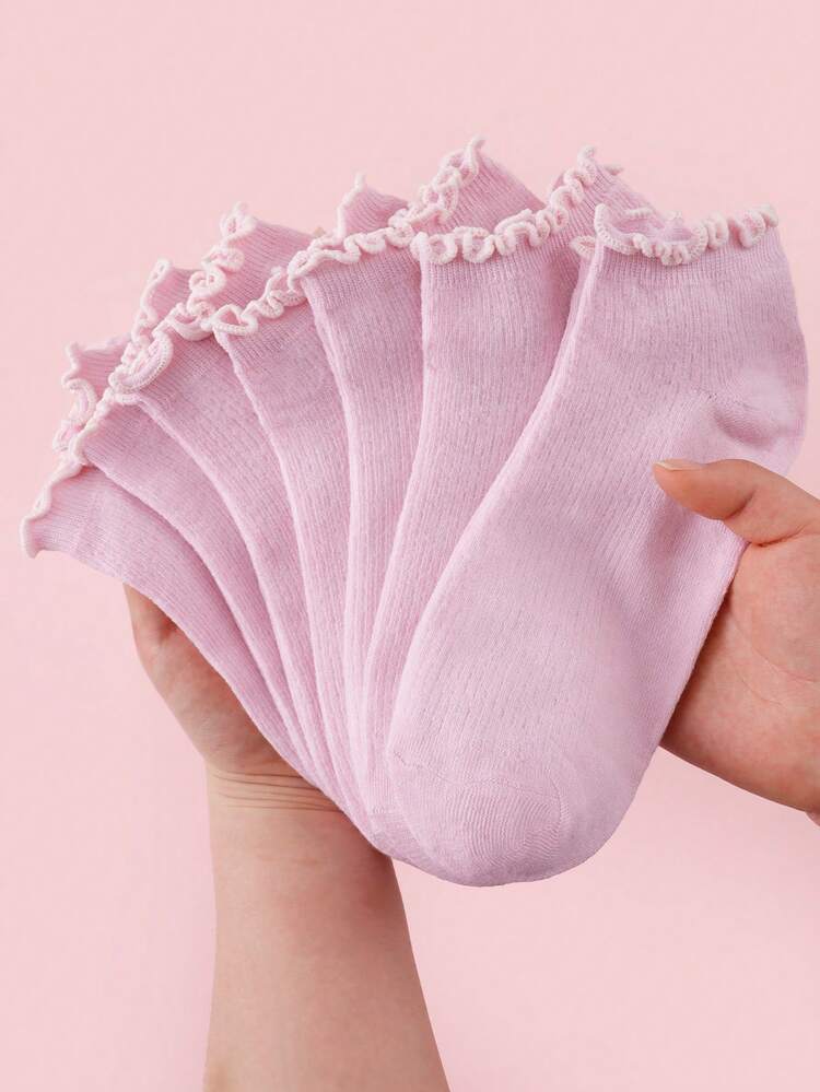1/5/10 Pairs Women's Pink Sweet Ruffle Socks, Soft Comfortable Breathable, With Pleated Design, Suitable For Daily Wear - Pink - View 3
