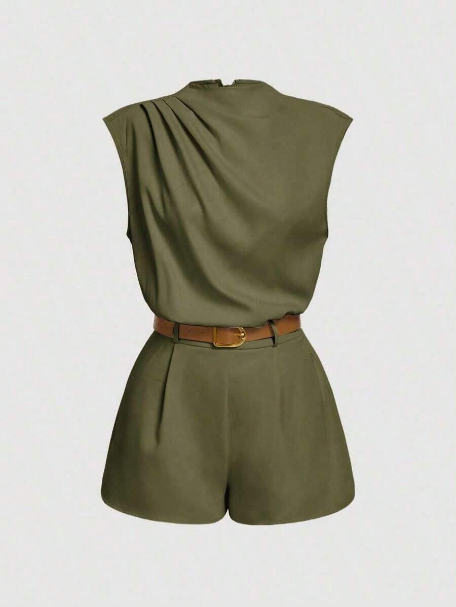 MOD Mono de cuello alto con bolsillo y cinturón de un solo color - Verde militar - Ver 1