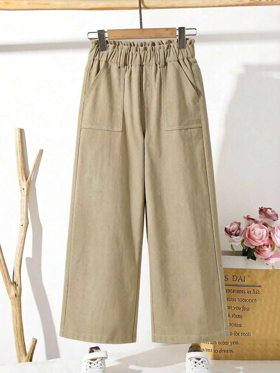 Girls Casual Ruffle Waist Straight Leg Wide Leg Jeans, Suitable For All Seasons - Apricot - View 1