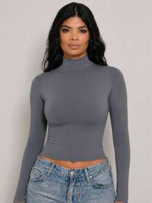Moderna & Slim Women's Long Sleeve High Neck Blouse, Basic Second Skin Style, Extended Neck, Fitted, Comfortable For Winter - Grey - View 5