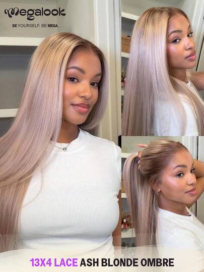 MEGALOOK 13x4蕾丝前假发，灰金色渐变色，丝滑直发，透明蕾丝，佩戴方便，预先拔毛，自然发际线，100%真人发，180%密度，女士透明蕾丝前假发，派对风格，Y2K酷炫，万圣节氛围，节日必备。