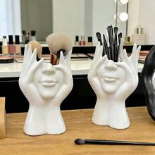 Abstract Face Shaped Vase, Resin Lady Pen Flower Plant Decor Storage, DIY Female Head Half Body Vase, Artistic Style Organizer Box, Suitable For Home Office Desk Accessories (White/Black) - Multicolor - View 2