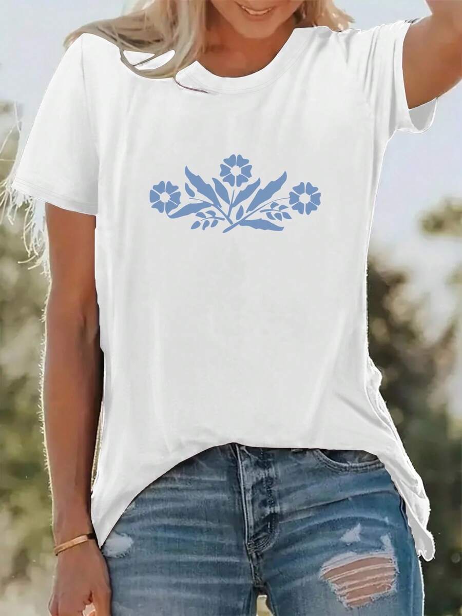Women's Casual Floral Print T-Shirt, Perfect For Vacations, Short Sleeves, Round Neck, Suitable For Spring And Summer, Machine Washable, New Women's Clothing, Urban Style, Matching, Lightweight, Size S - 白色 - 查看 1