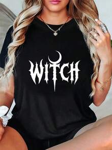 Wo Halloween Witch Graphic T-Shirt - Black Casual Short Sleeve T-Shirt With White Lettering, Machine Washable, Regular Fit For All Seasons, Halloween Apparel | Playful Print Tee | Medium Stretch Fabric, Wo T-Shirt And Wine Time, Day Of The Dead, Wo T - 黑色 - 查看 1