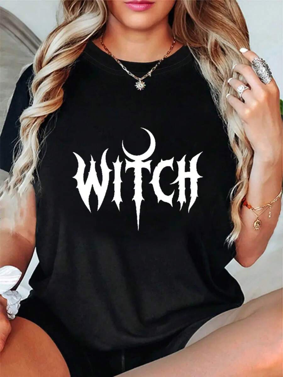 Wo Halloween Witch Graphic T-Shirt - Black Casual Short Sleeve T-Shirt With White Lettering, Machine Washable, Regular Fit For All Seasons, Halloween Apparel | Playful Print Tee | Medium Stretch Fabric, Wo T-Shirt And Wine Time, Day Of The Dead, Wo T - 黑色 - 查看 1