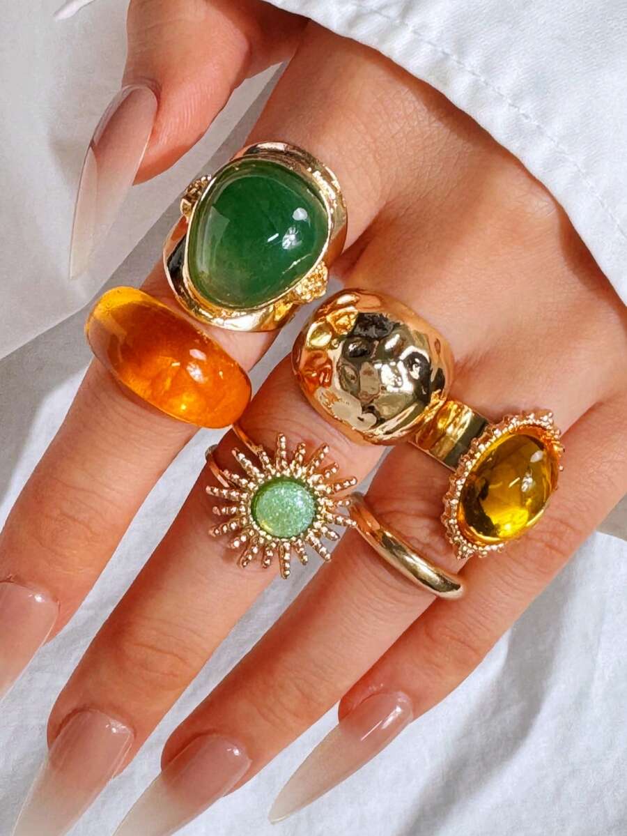 6 pièces Ensemble de bagues vintage de luxe polyvalentes, exquises et élégantes avec un design géométrique unique incrusté de jade. Bagues en métal doré épaisses pour femmes, convenant pour une utilisation quotidienne, la décoration de fête et comme cadeau de bijoux - Multicolore - Voir 1