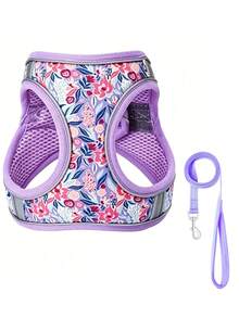 Floral-Patterned Pet Harness - Adjustable And Reflective For Nighttime, Cats And Dogs Fit, With A 5ft Leash Set, Soft, Purple S, Ideal For Small To Medium Dogs - Multicolor - View 8