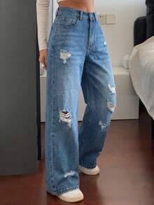 Quần jeans ống đứng nữ, không co giãn, kiểu dáng vintage rách rưới. - Màu xanh lam - Xem 3