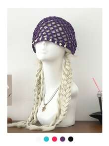 Women's Star Hollow Purple Knit Beanie, Vintage Versatile Handmade Crochet Head Wrap, Thin Face-Slimming Slouchy Beanie, Spring/Summer Macaron Color Pullover Hat, Fashionable Sun Protection Head Scarf - Starfish Decorations - View 6
