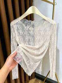 Top de capa base de encaje transparente con cuello grande para mujer, top de malla de manga larga ligero y transparente casual - Albaricoque - Ver 5