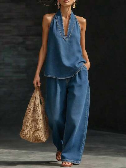Spring And Summer 2026 New Women's Clothing European And American Style Suit Lapel Retro Buckle Denim Top With Wide-Leg Jeans