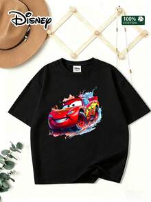 [Disney] Women's T-Shirt, Men's And Women's Short Sleeve, Featuring The Pattern Of "Disney 'Cars' Lightning McQueen", 100% Pure Cotton, Comfortable And Breathable, Suitable For Summer Leisure, Vacation, Play, Daily Wear, Suitable For Both Men And Women, Cartoon Print T-Shirt - màu đen - Xem 1