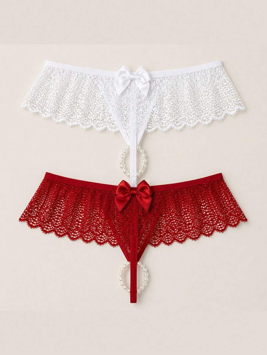 Kit 2 Calcinha Sexy Tailandesa Fio Pérolas Massageadora Sensual Lingerie Renda Luxo Feminina - 1 Branco e 1 Vermelho - Visão 1