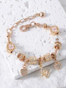 Fashion Plated Beaded Charm Pendant With Heart & Butterfly Pendants, For Daily Wear - Multicolor - View 5
