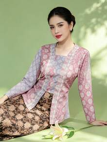 1pc Elegant Patchwork Long Sleeve Blouse For Women, Spring/Summer, Purple - Lilac Purple - View 2