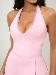 TimeOff 1pc Women's Lace Halter Backless Slit Dress With Lining, Pockets, Sports Dress - Pink - View 7