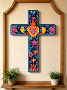 1pc Floral Cross Wall Decor, Hand-Painted Decorative Wooden Cross, Mexican Art Wall Decor, Mexican Cross, Home/Classroom/Church Decor, Vintage Style - A - View 5