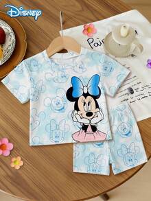Disney Minimoy Baby Girl Short-Sleeve T-Shirt And Shorts Set With Big Bow Print Summer Outfit - Cute Baby Girl Casual Vacation Blue Elastic Shorts Outdoor Clothing - Baby Blue - View 1