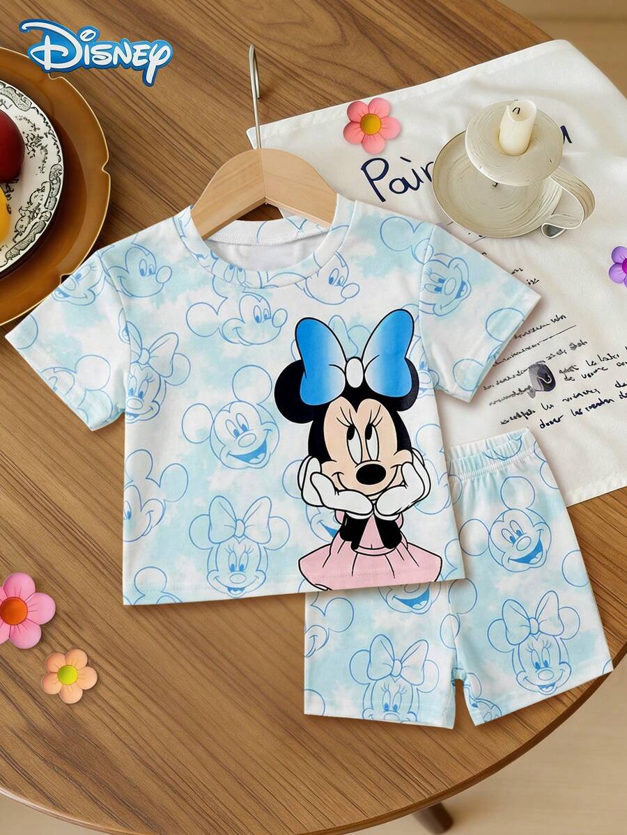 Disney Minimoy Baby Girl Short-Sleeve T-Shirt And Shorts Set With Big Bow Print Summer Outfit - Cute Baby Girl Casual Vacation Blue Elastic Shorts Outdoor Clothing - Baby Blue - View 1
