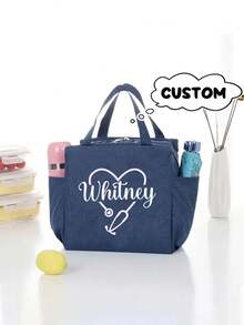 1pc Personalized Name Nurse Tote Bag, Customized Nurse Theme Lunch Bag, Personalized Name, Heartbeat And Stethoscope Print Design, Portable Insulated Lunch Bag, Personalized Nurse Gift - Nurse Canvas Tote Bag Gift - Nurse Graduation Gift - New Nurse Gift - Nurse Graduation Gift - Nursing Student - Multicolor - View 5