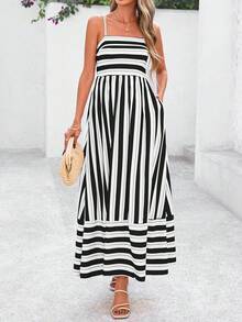 SXPRETTYGARDEN Women Summer Maxi Dresses 2026 Spaghetti Strap Boho Floral Striped Wedding Guest Beach Vacation Flowy Long Dress - Lá chuyển sang màu nâu - Xem 8