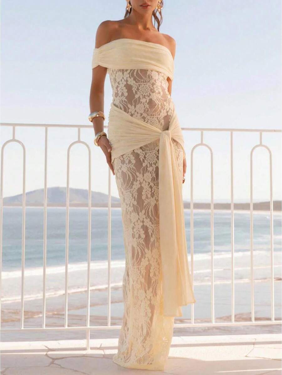 Vestido Largo Mujer de Encaje Hombros Descubiertos o Strapless con Nudo Ajustado Elegante Formal Fiesta Noche - Amarillo - Ver 1