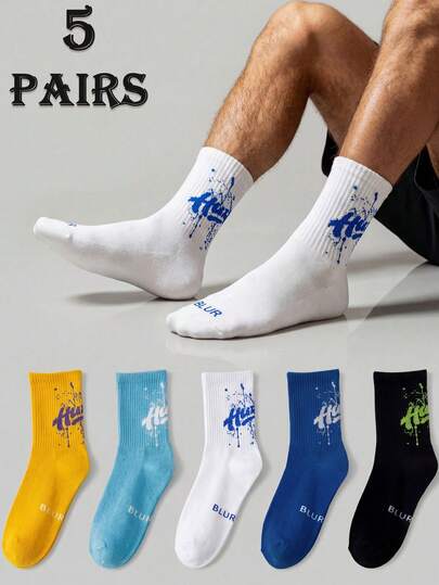 5 Pairs Multi-Color Letter Print Mid-Calf Socks, Soft & Comfortable For Casual, Sports, Commuting Scenes