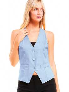 Women's Racerback Tuxedo Vest Slim Fit Stretch Waistcoat Versatile Dressy Casual Sleeveless Layered Outfit - 嬰兒藍 - 查看 4