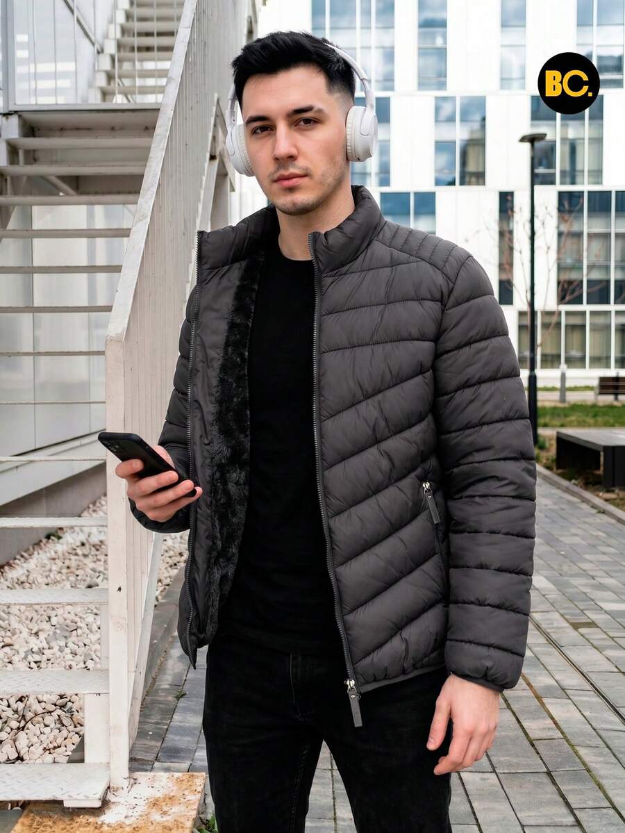 Big City 現代男士休閒絎縫夾克,毛絨內飾 - 深灰色 - 查看 1