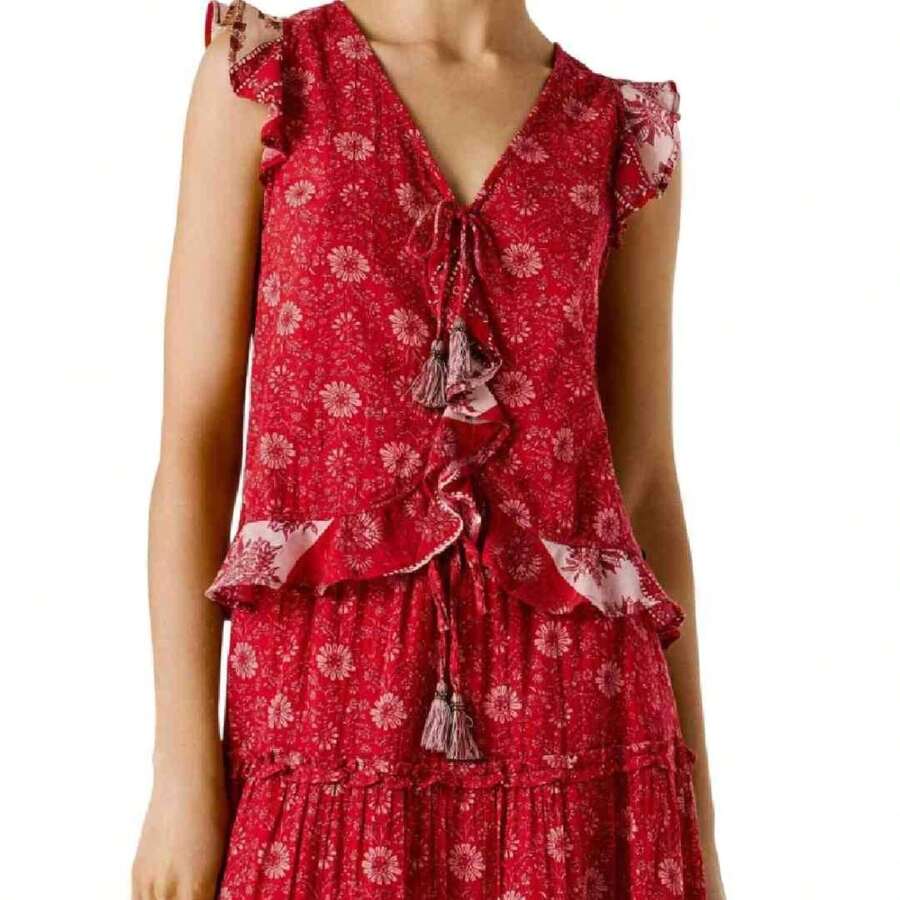 Cristal Pepe Jeans Blouse: Red Blouse With Floral Print, V-Neckline, Decorative Laces, And Soft Ruffles On The Chest And Shoulders. Made From Light And Fluid Fabric, Perfect For Boho Chic Looks. PEPE JEANS Brand, Ideal For Women Who Seek Style And Comfort For Any Occasion. - 紅色 - 查看 1