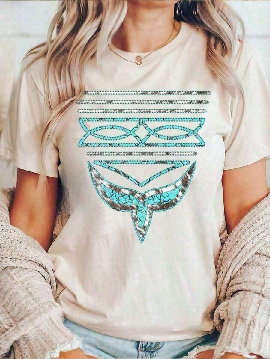 GiftGiftGraphic Tees2026 Women's Western Cowboy Style T-Shirt With Turquoise Boots, Elegant Casual Shirt, Sportswear, 100% Cotton, Breathable And Comfortable, Round Neck, Short Sleeve, Polyester Fabric, Fashionable For Everyday Summer Wear - Unisex Loose Fit 100% Cotton T-Shirt, Soft Summer Tops - 白色 - 查看 1