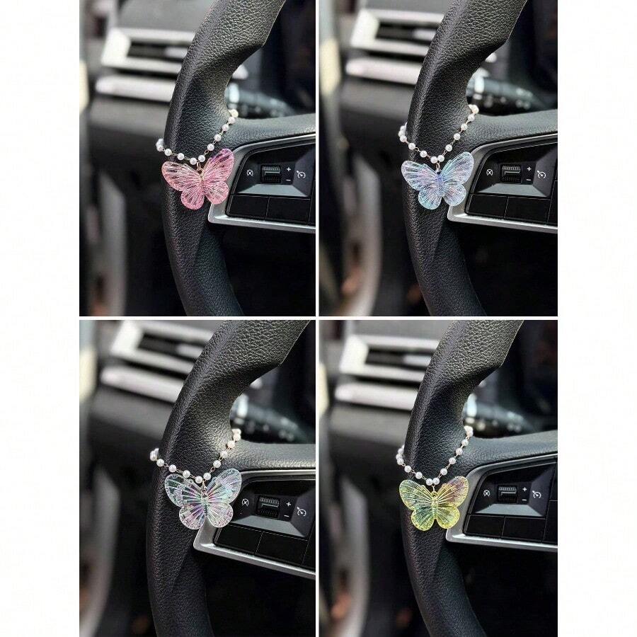 1pc Acrylic Butterfly Pearl Chain Steering Wheel Decoration Exquisite Interior Accessories For Women - Butterfly - View 1