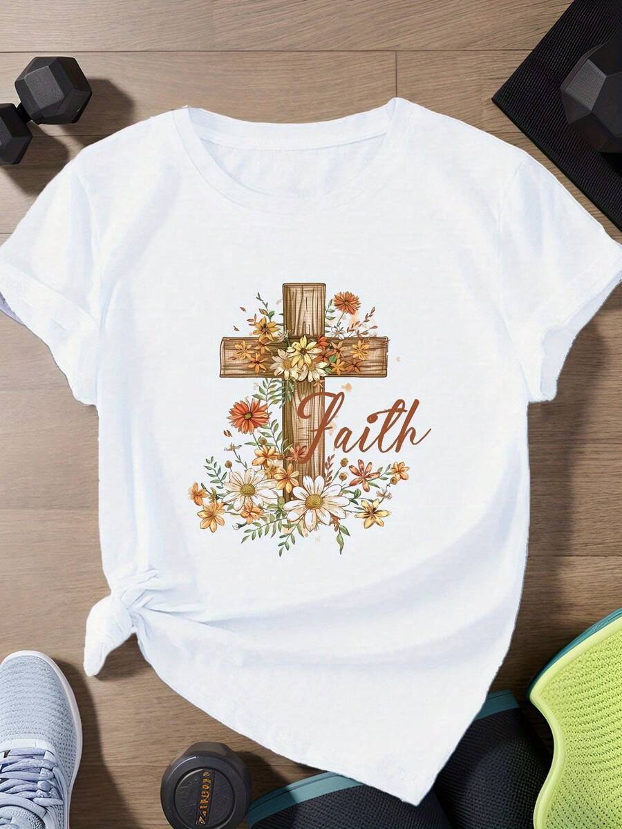 Fe inspirado diseño floral cruz de la mujer más tamaño deportes camiseta de manga corta