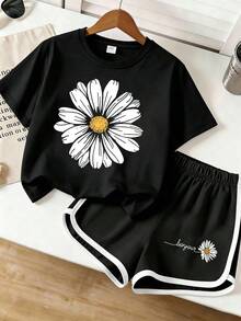 Tween Girl Casual Minimalist Short Sleeve Top And Shorts 2 Pieces Set, Suitable For Summer - Black - View 1