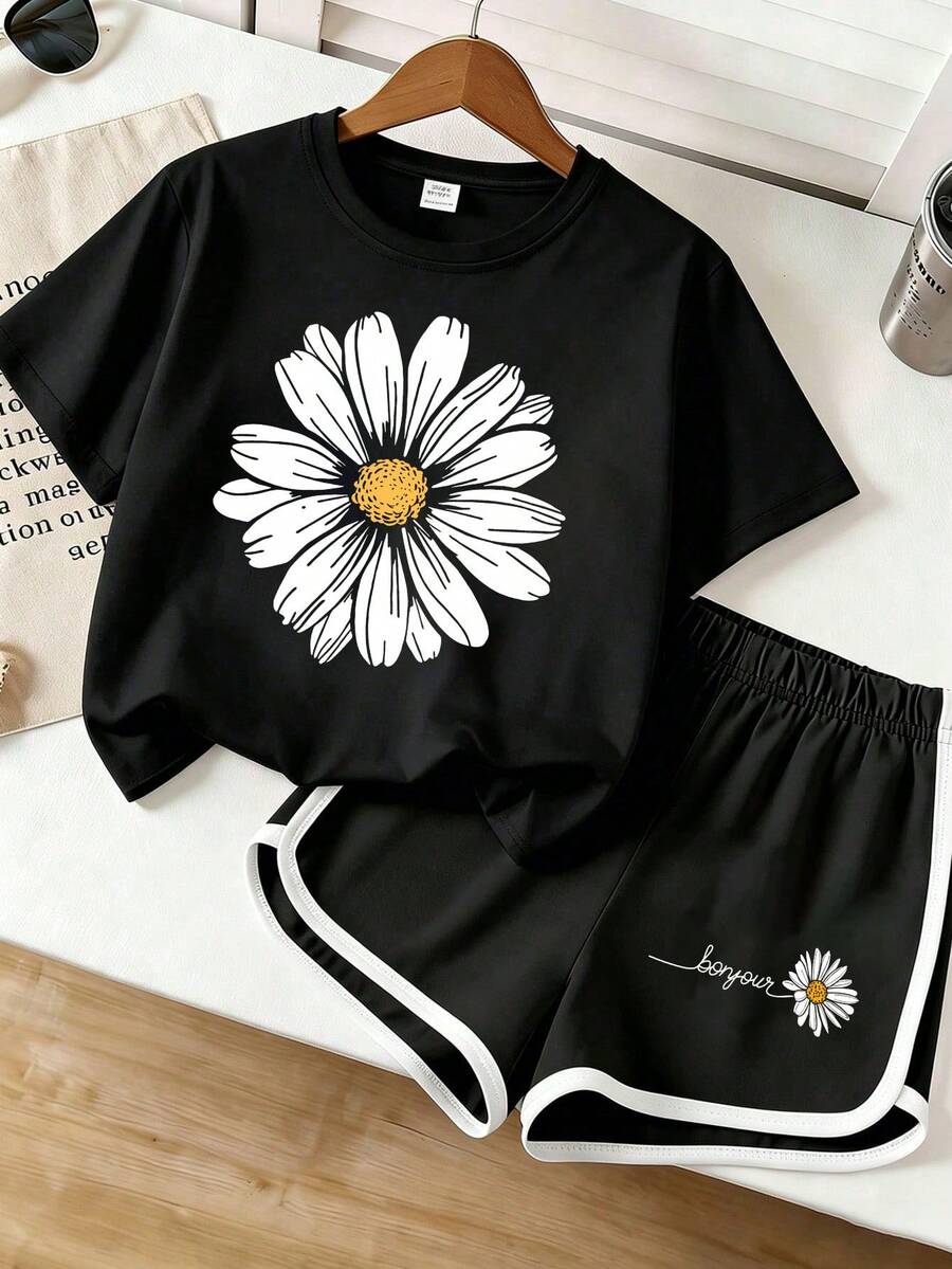 Tween Girl Casual Minimalist Short Sleeve Top And Shorts 2 Pieces Set, Suitable For Summer - Black - View 1