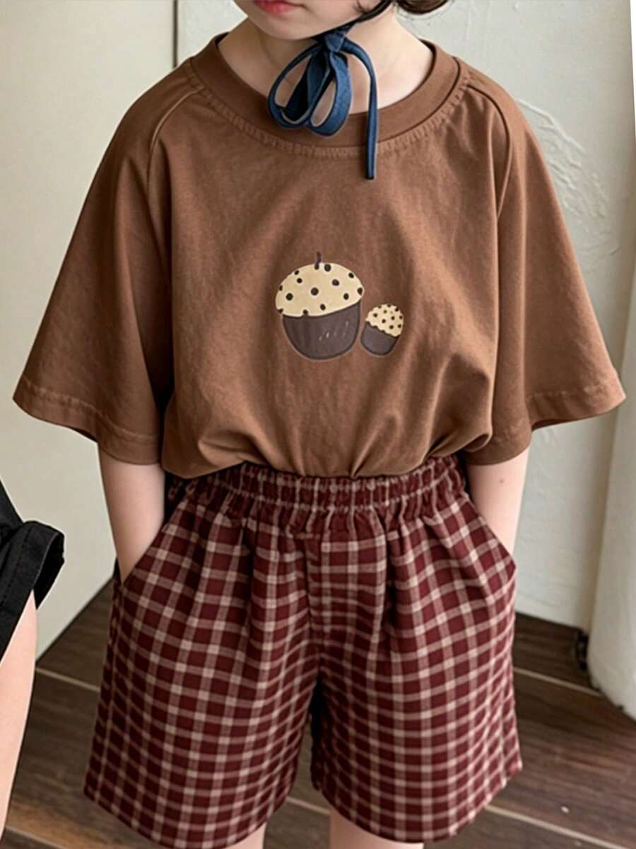 Top de manga corta sencillo, informal y bonito con estampado para niños, ideal para el verano. - Marrón - Ver 1