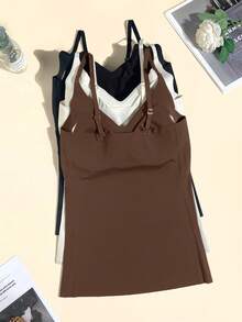 3pcs/Set Women's Solid Color Camisole Tops With Padded Bra, Seamless Undershirt For Spring/Summer - Multicolor - View 6