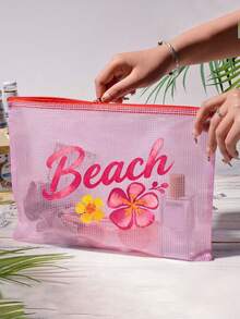 A4 Size Fashionable Waterproof PVC Beach Bag With "Beach" Letter Pattern, Transparent Cosmetic Bag, Toiletry Bag, Nylon Zipper - Suitable For Swimming, Diving, Summer Vacation, Lightweight, Beach Essential, Travel/Back To School Essential, Vacation Companion - Multicolor - View 4